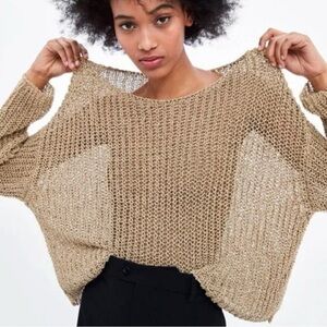 Zara Open Knit Metallic Tan Gold Sweater size medium